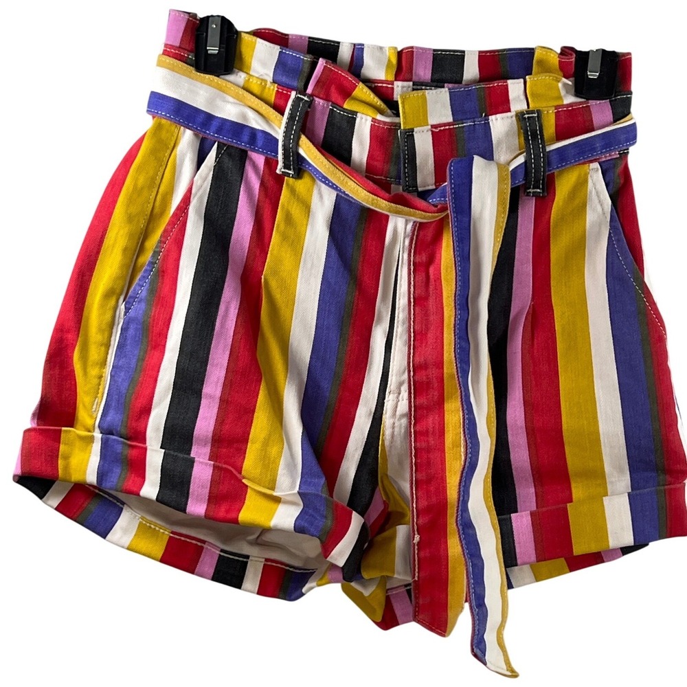 Express Extreme High Rise‎ Shortie Denim Colorful Strip Shorts Red Pink Bold 0